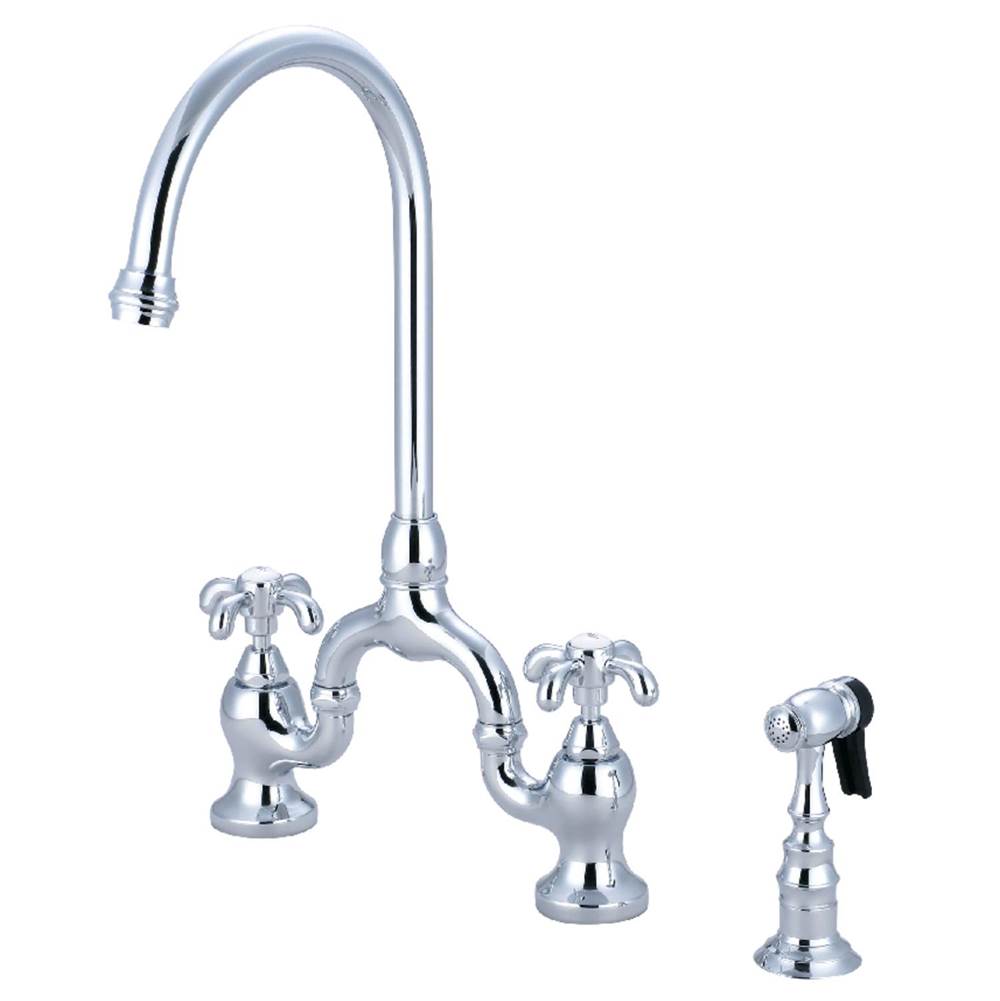 Kingston Brass French Country Bridge Kitchen Faucet with Brass Sprayer, Polished Chrome