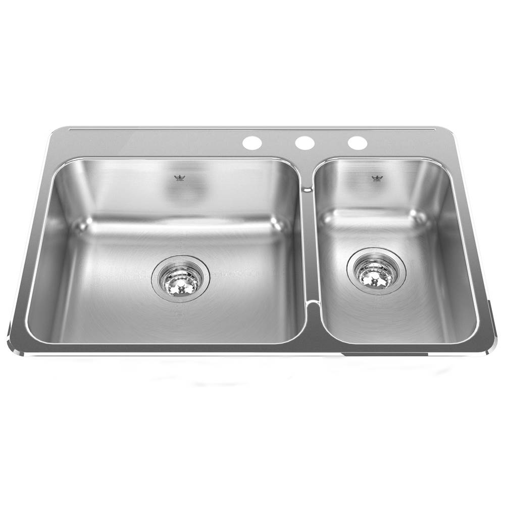 Kindred Steel Queen 31.25-in LR x 20.5-in FB x 8-in DP Drop In Double Bowl 3-Hole Stainless Steel Kitchen Sink, QCLA2031R-8-3N