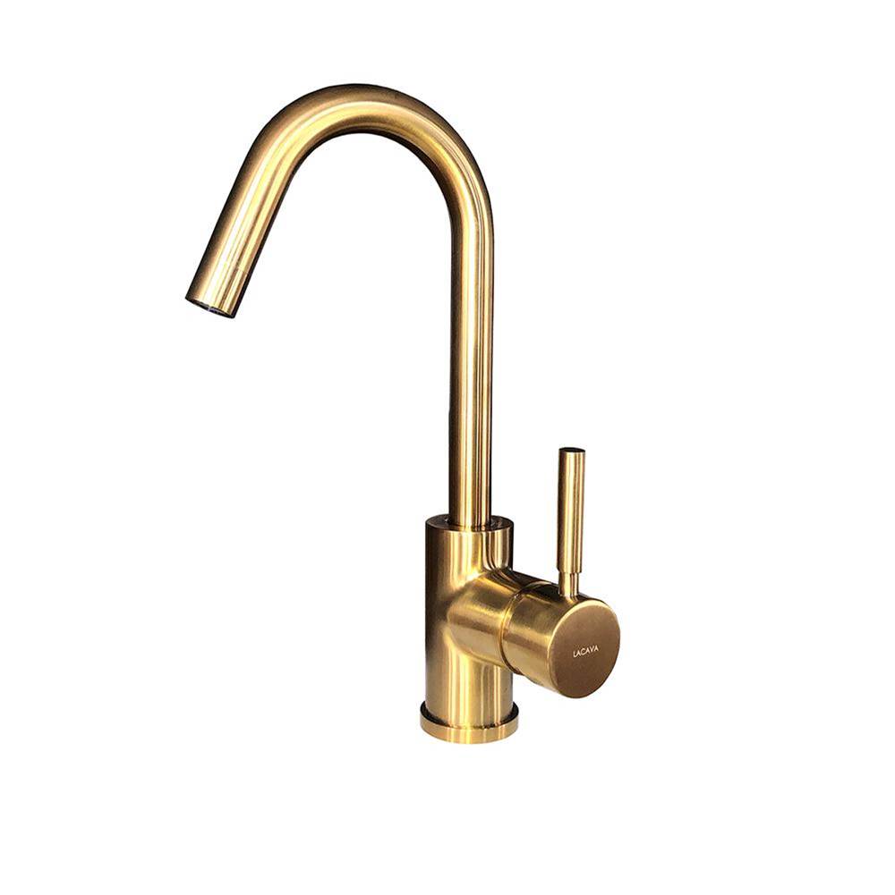 Lacava Deck-mount single-hole faucet with a goose-neck swiveling spout, one lever handle, and a pop-up drain.