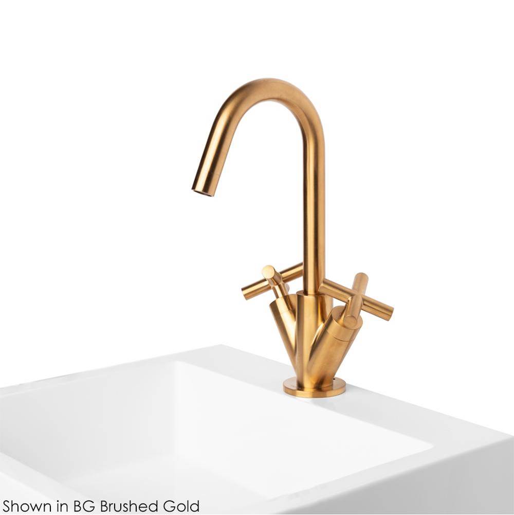 Lacava Deck-mount single-hole faucet with a goose-neck swiveling spout, two cross handles, and a pop-up drain.