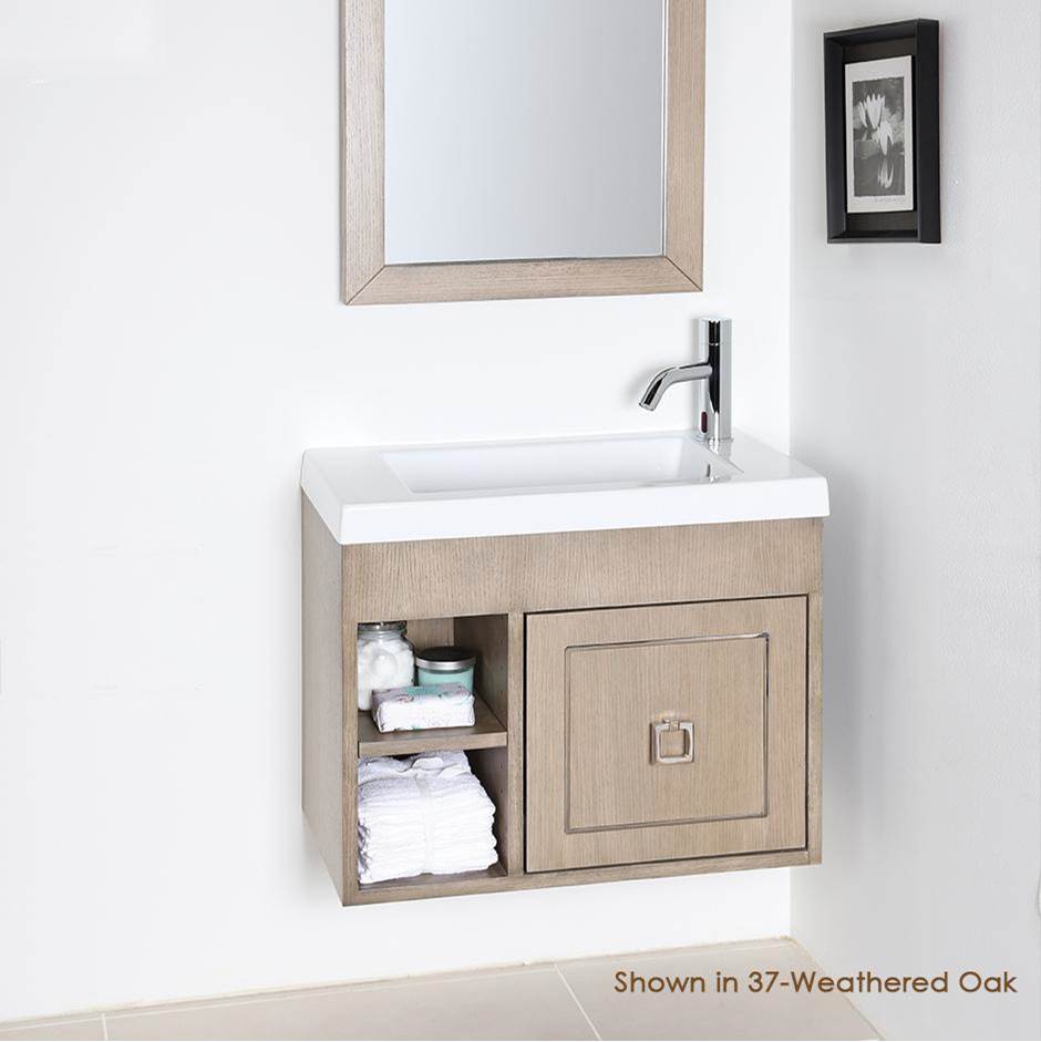 Lacava Wall-mount under-counter vanity with open cubby on the left with adjustable shelf, and one door with optional metal inlay installed on the right.