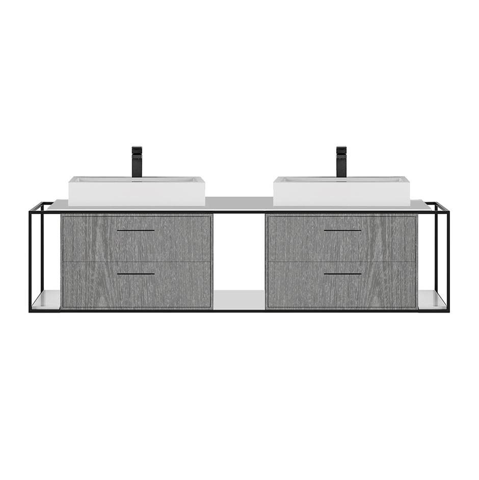 Lacava Cabinet of wall-mount under-counter vanity LIN-VS-72A with four drawers (pulls included), metal frame,  solid surface countertop and shelf.